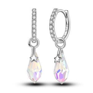 Close-up pavé CZ huggie with aurora crystal teardrop and star
